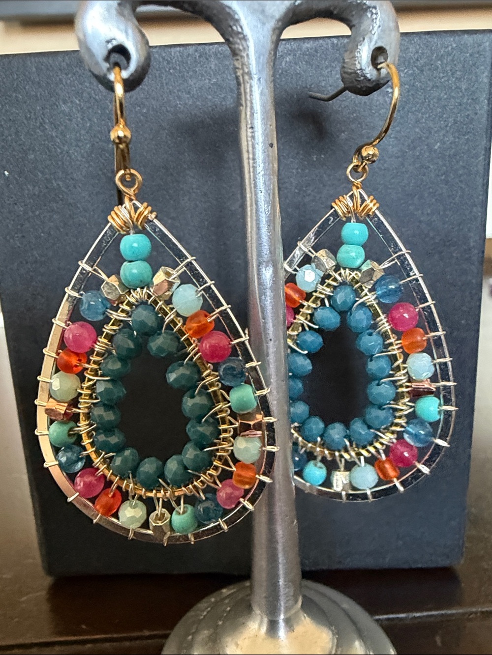 Nakamol Gold Teardrop Earrings with Turquoise, Pink & Blue Beads